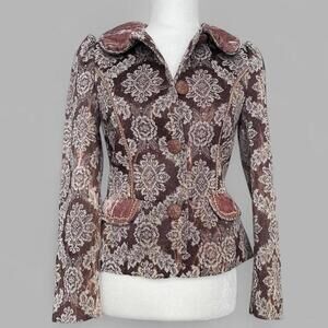 Pink & Brown Vintage Tapestry Style Blazer With Velvet & Faux Pearl Accents!
